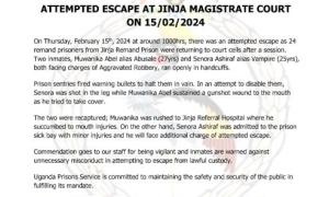 ATTEMPTED ESCAPE AT JINJA MAGISTRATES COURT ON 15TH FEBRUARY 2024 